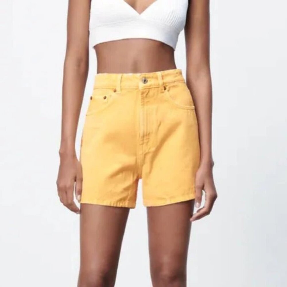 Zara High Rise Denim Mom Shorts Jean Orange Melon Vintage Inspired Cotton 8